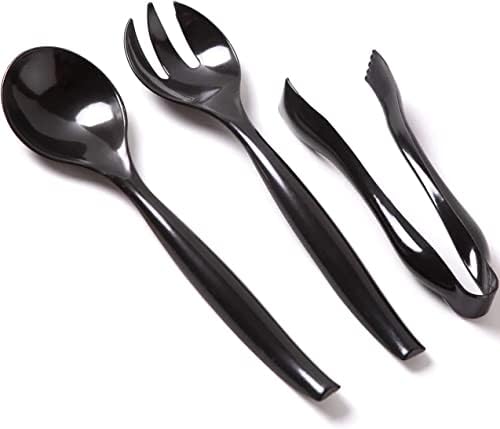 כלי ההגשה הפלסטיים של Vezee, כלי חד פעמי שחור כבד | הגדר 10 Spoons 10 מזלגות 6 מלקחיים | 6 כל